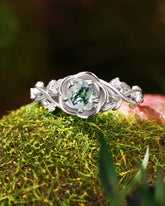 AMORA Rose Encircled Moss Agate Leafy Engagement Ring